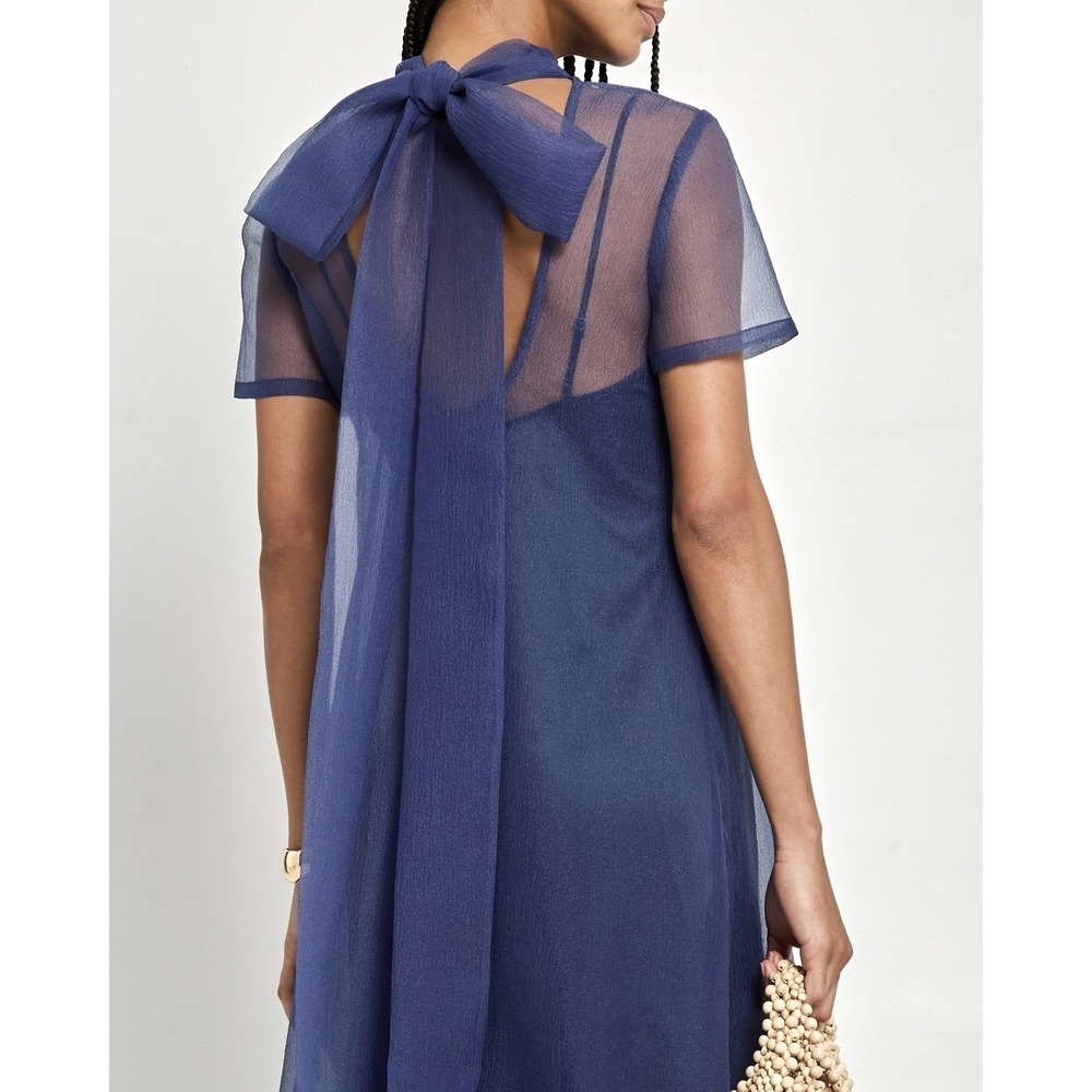 NWT CAARA Melody Tie Neck Organza Ruffle Hem Dress Navy Blue - Size Medium - Picture 9 of 14
